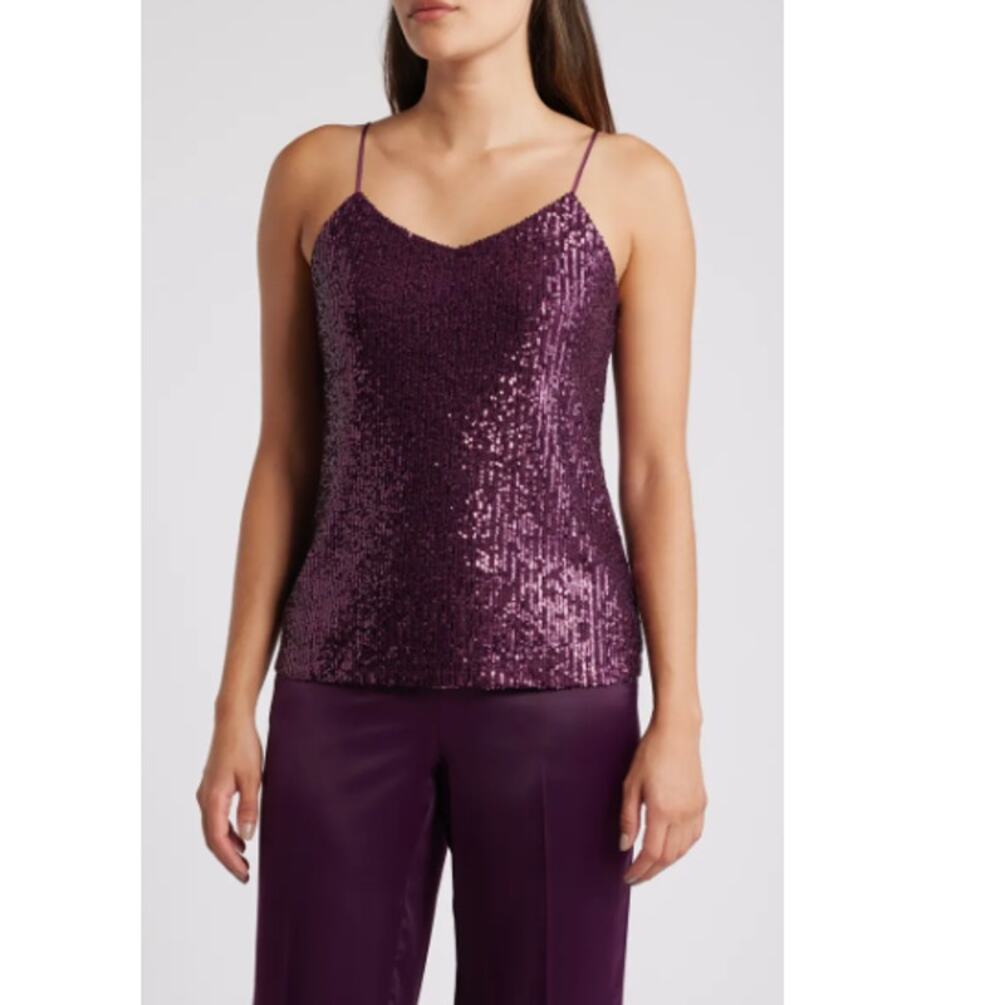New Anne Klein Women's Deep Plum Spaghetti Straps Sequin Camisole Top Size XL